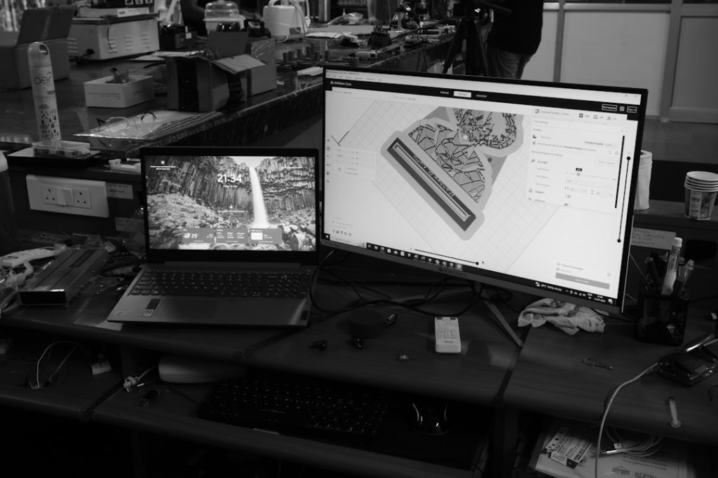 a-black-and-white-photo-of-a-desk-with-two-monitors-xnxfjzmnyb0